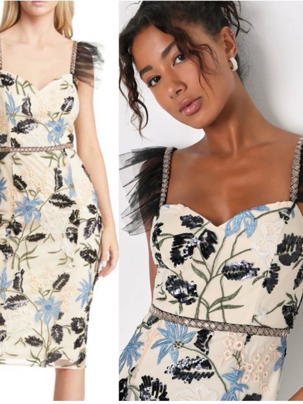 LULUs Show Stopper Cream Embroidered Sequin Midi Dress Black Floral Lace XS